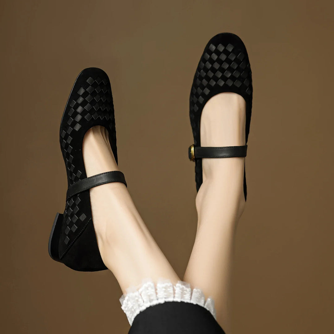 Women's Sheepskin Woven Mary Jane Shoes Diamond Pattern – Block Heel