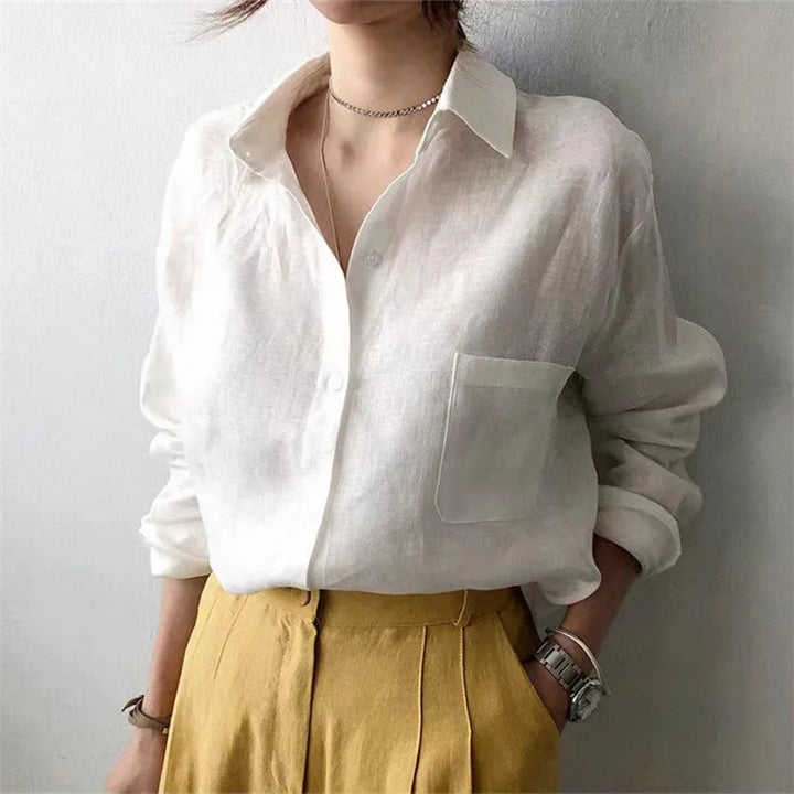 Women's Soft Linen Blend Open Collar Shirt – Relaxed Oversized Fit