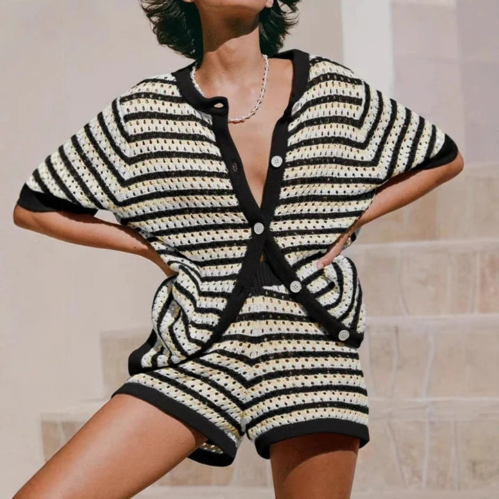 Women's Two Piece Knit Striped Cardigan & Shorts Set