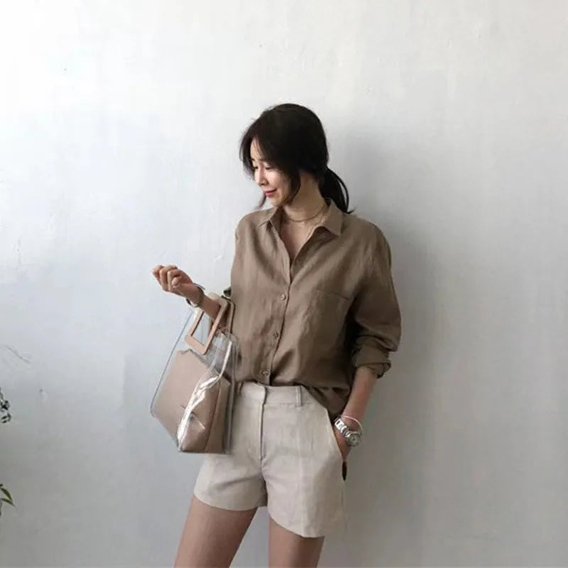 Women's Soft Linen Blend Open Collar Shirt – Relaxed Oversized Fit