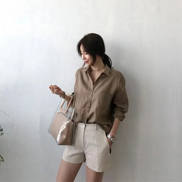 Women's Soft Linen Blend Open Collar Shirt – Relaxed Oversized Fit