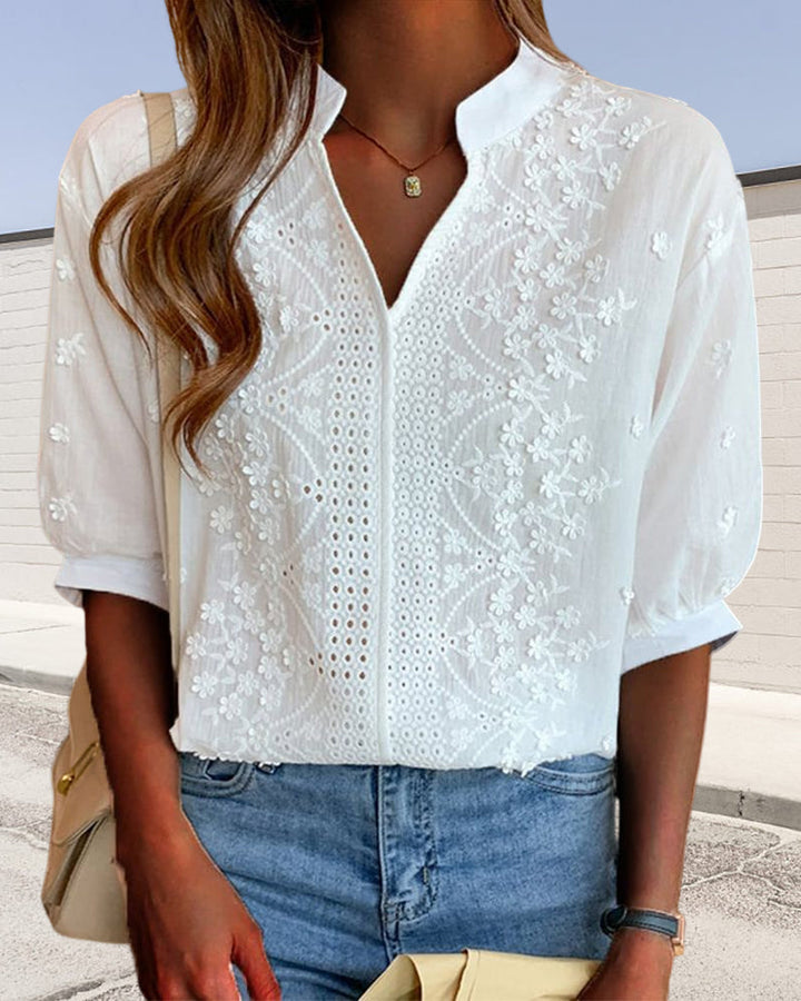 Women's Puff Sleeve V-Neck Blouse Embroidered – Relaxed Breathable