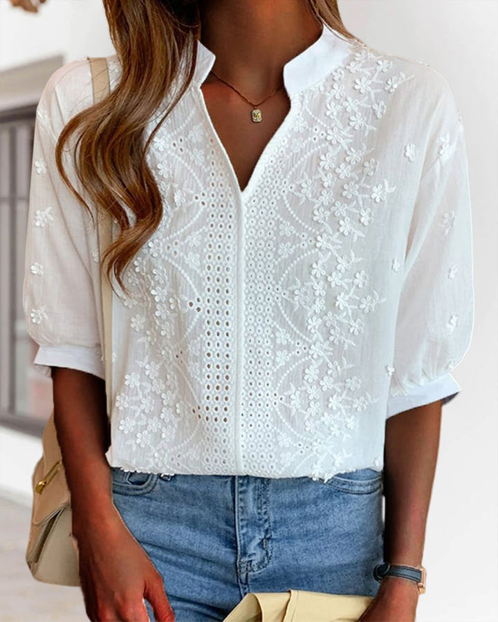 Women's Puff Sleeve V-Neck Blouse Embroidered – Relaxed Breathable