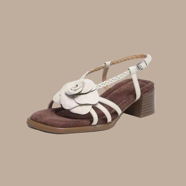 Women's Heeled Sandals – Square Toe Chunky Leather Floral Detail