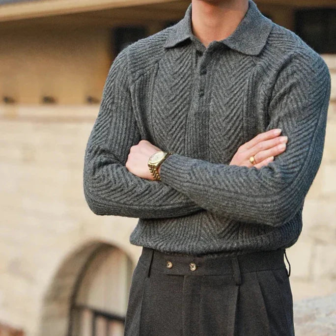 Men's Soft Knit Long Sleeve Polo Shirt Slim Fit – Woven Pattern