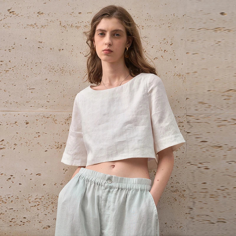 Women's 100% Linen Boxy Crop Top – Round Neck Half Sleeve