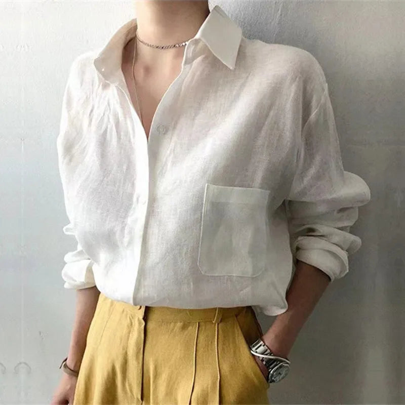 Women's Soft Linen Blend Open Collar Shirt – Relaxed Oversized Fit