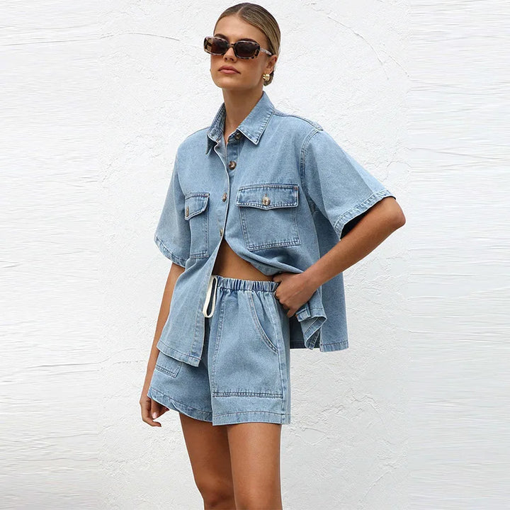Women's Cotton Denim Two-Piece Set – Button-Down Top Drawstring Shorts