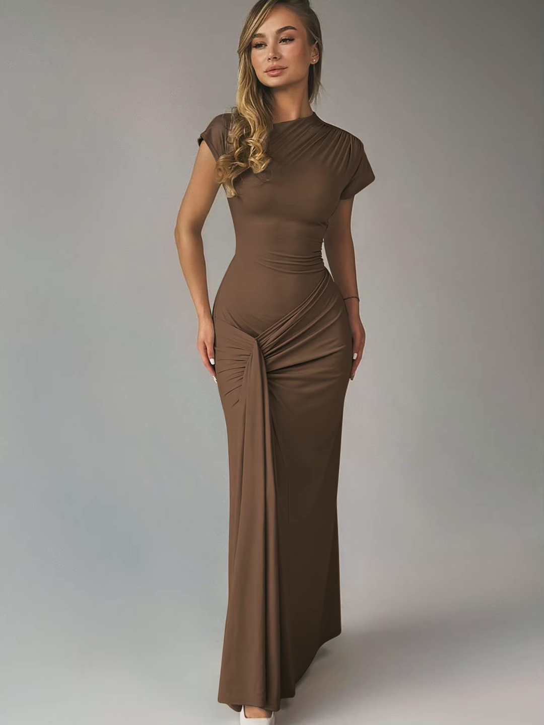 Maxi Dress – Asymmetric Neckline, Lace-Up Back Slim Fit for Women