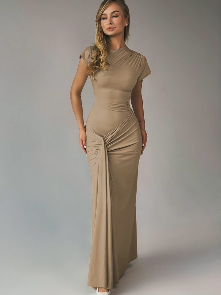 Maxi Dress – Asymmetric Neckline, Lace-Up Back Slim Fit for Women
