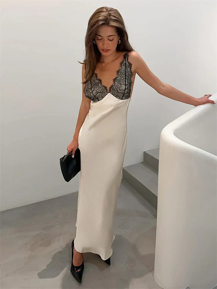 Satin Slip Maxi Dress – V-Neck Lace Trim & Adjustable Straps