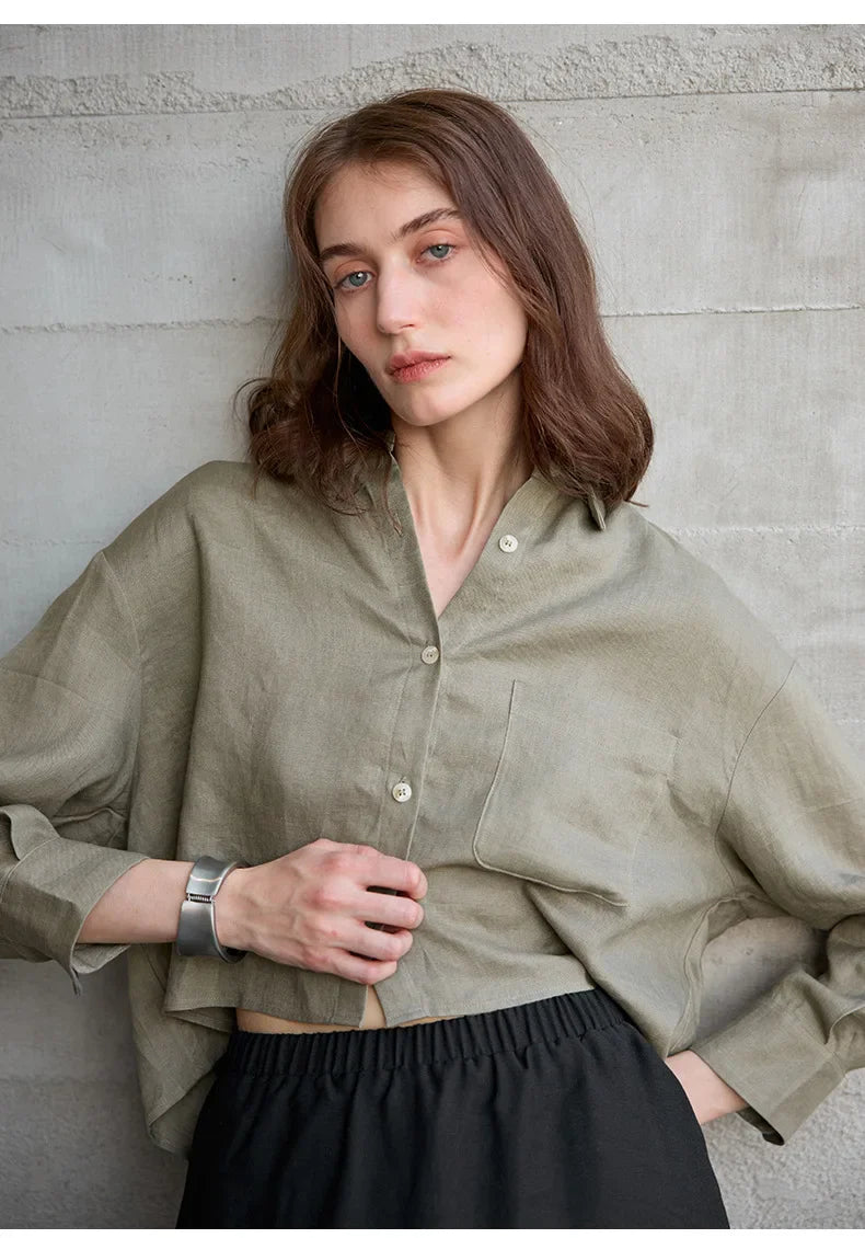 Women's 100% Linen Cropped Oversized Shirt – Long Sleeve