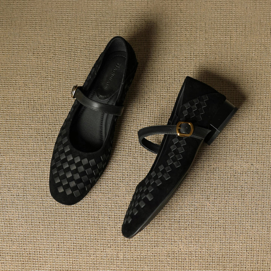 Women's Sheepskin Woven Mary Jane Shoes Diamond Pattern – Block Heel