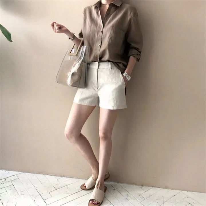 Women's Soft Linen Blend Open Collar Shirt – Relaxed Oversized Fit