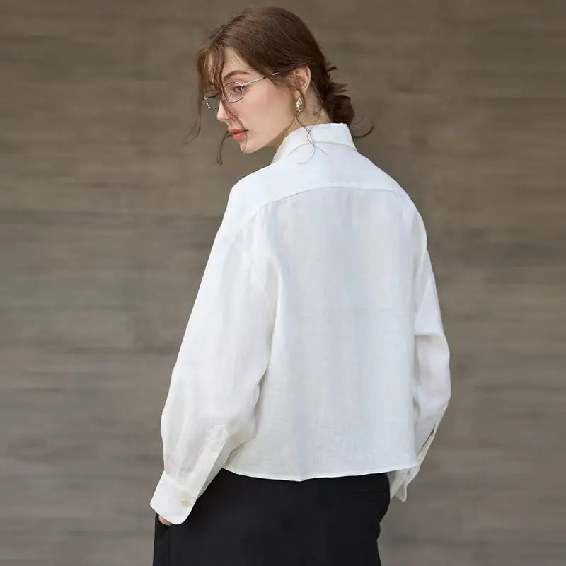 Women's 100% Linen Cropped Oversized Shirt – Long Sleeve