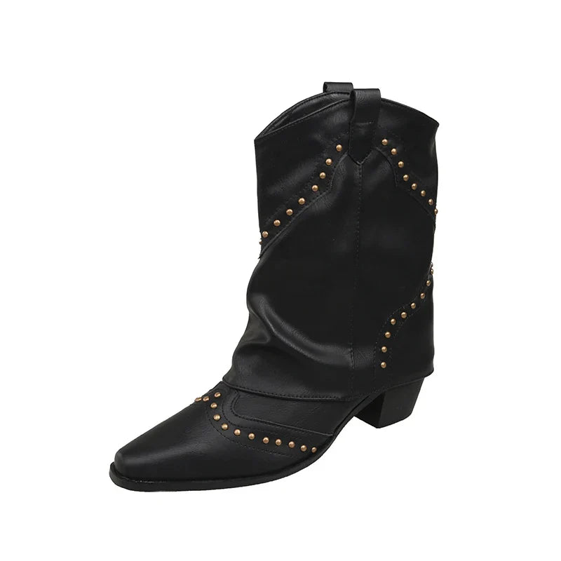 Women's Studded Cowboy Boots | Mid-Heel Western Stacked Style