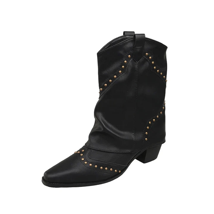 Women's Studded Cowboy Boots | Mid-Heel Western Stacked Style