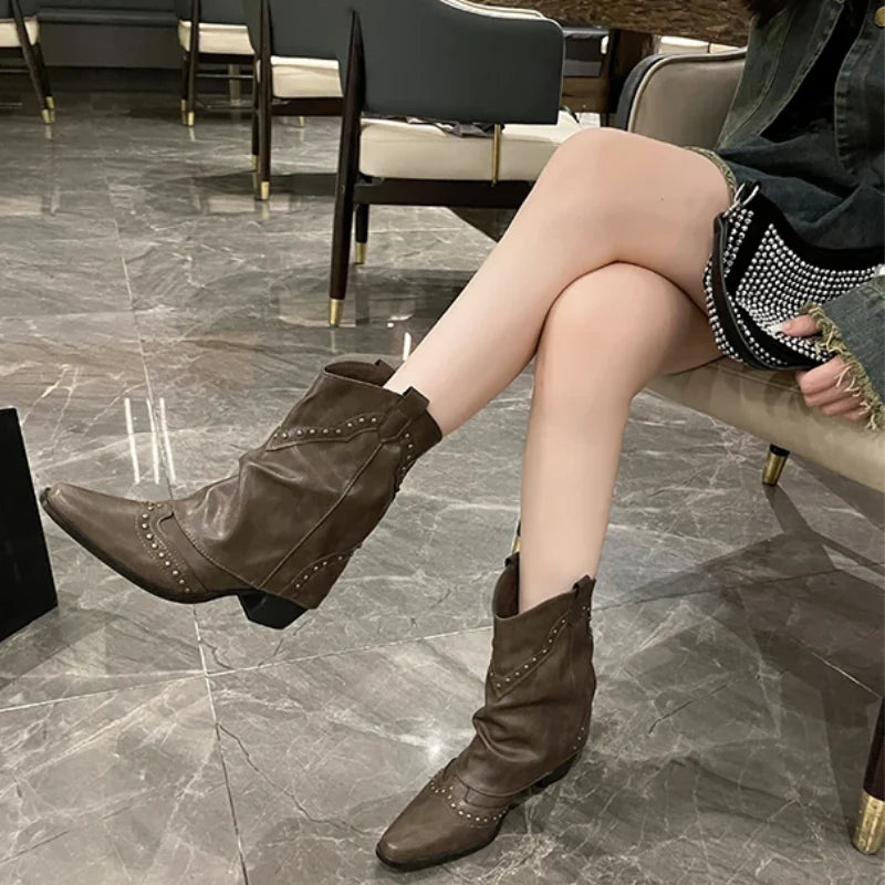 Women's Studded Cowboy Boots | Mid-Heel Western Stacked Style