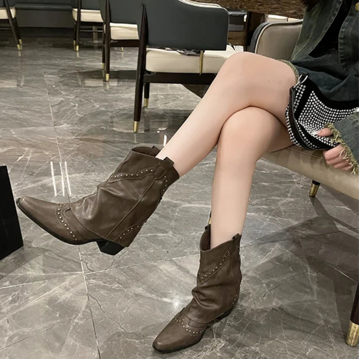 Women's Studded Cowboy Boots | Mid-Heel Western Stacked Style