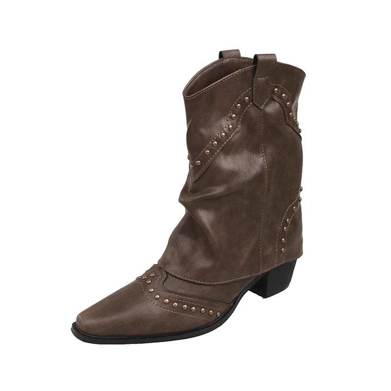 Women's Studded Cowboy Boots | Mid-Heel Western Stacked Style