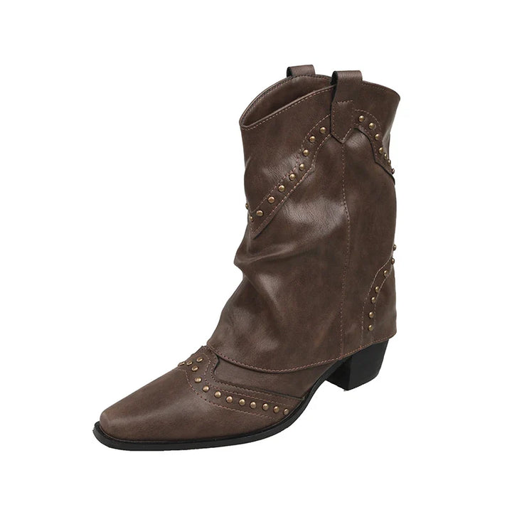 Women's Studded Cowboy Boots | Mid-Heel Western Stacked Style