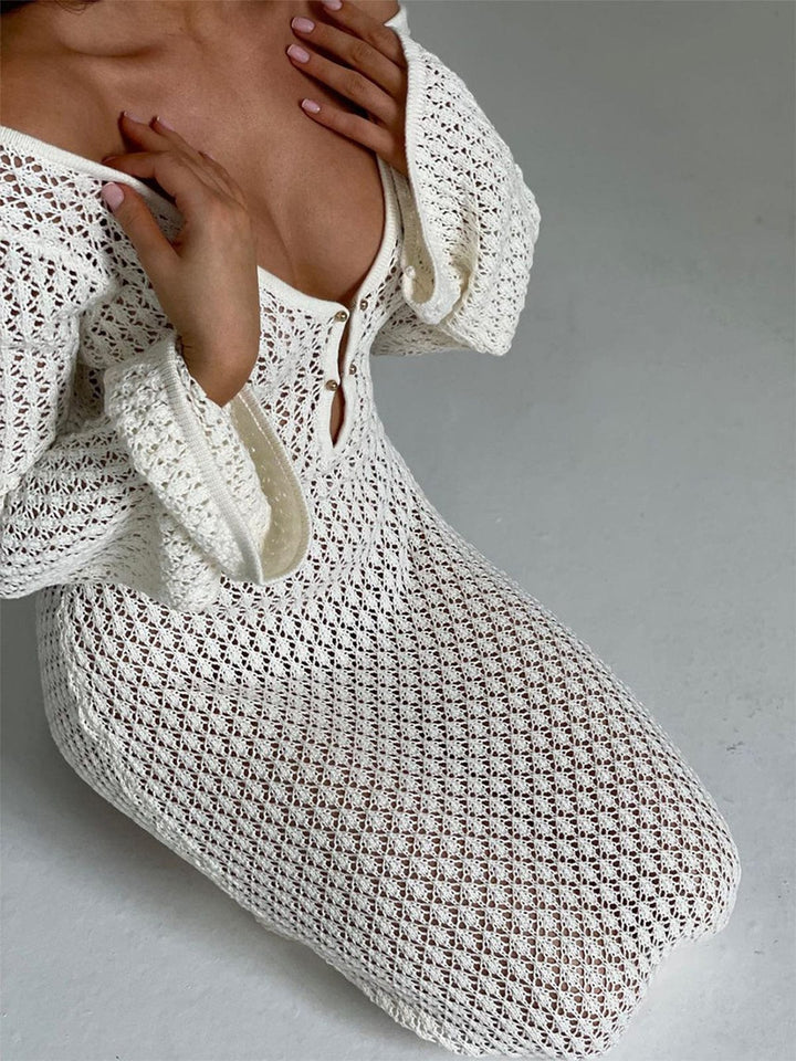 Crochet Maxi Dress – V-Neck, Bell Sleeve & Keyhole Boho Style