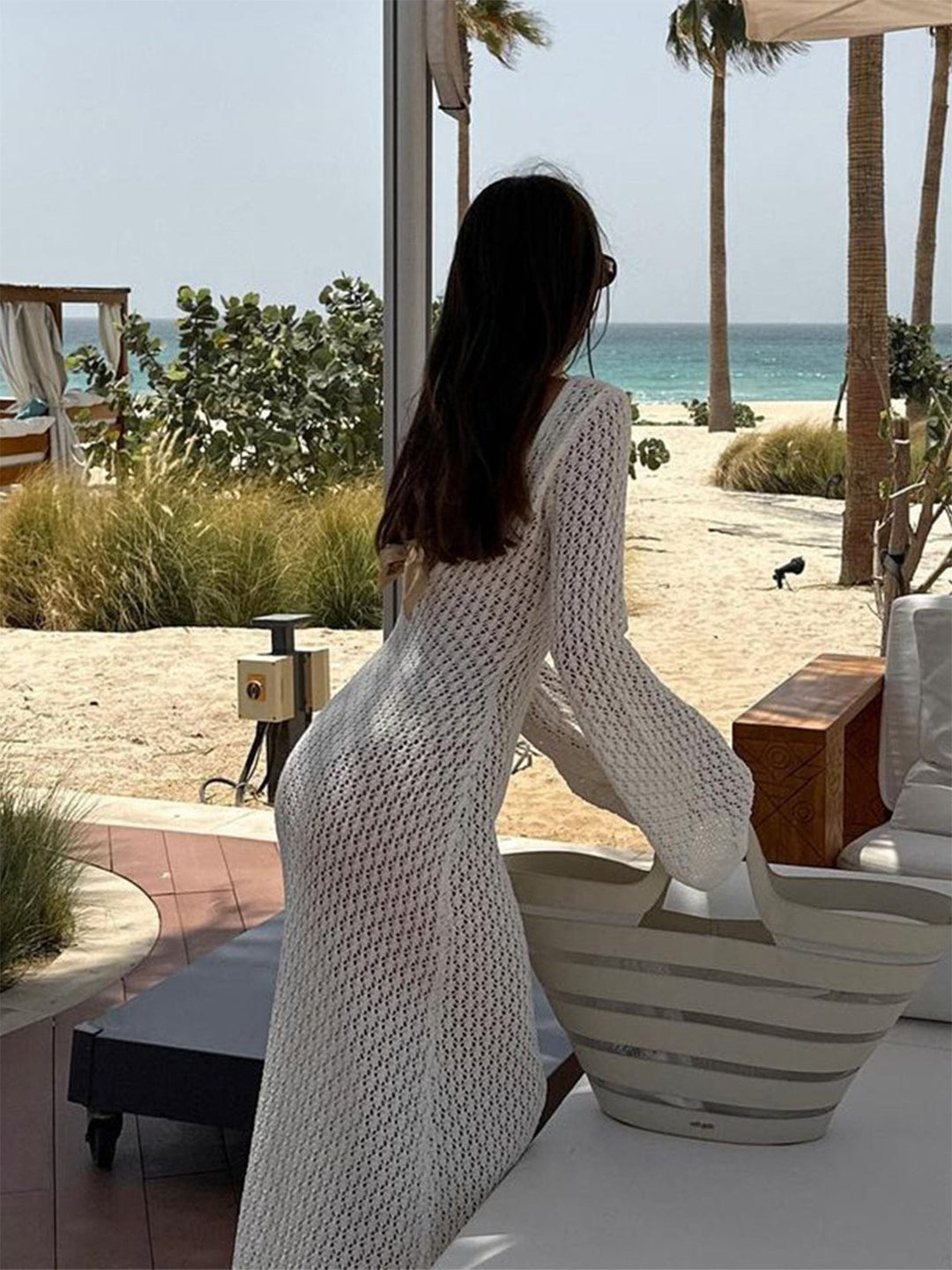 Crochet Maxi Dress – V-Neck, Bell Sleeve & Keyhole Boho Style