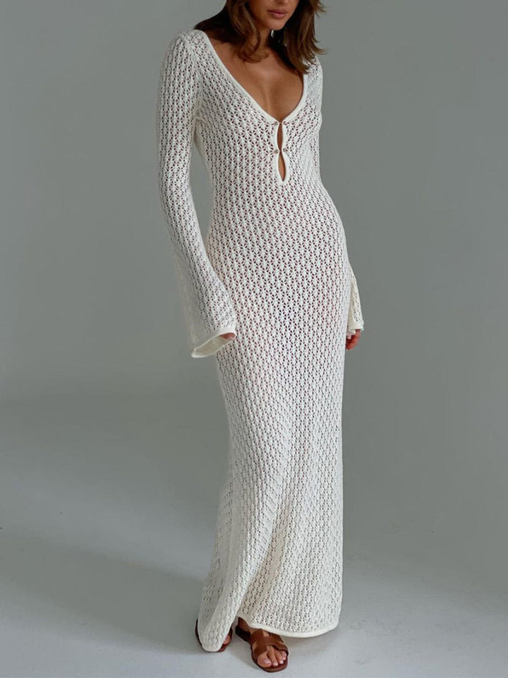 Crochet Maxi Dress – V-Neck, Bell Sleeve & Keyhole Boho Style