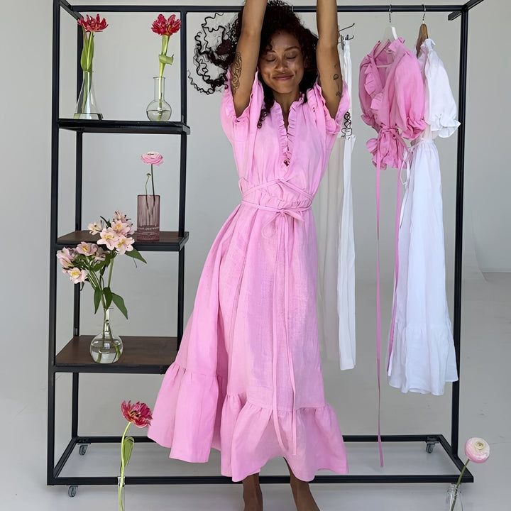 Women's Maxi Dress – Ruffle Collar & Puff Sleeves