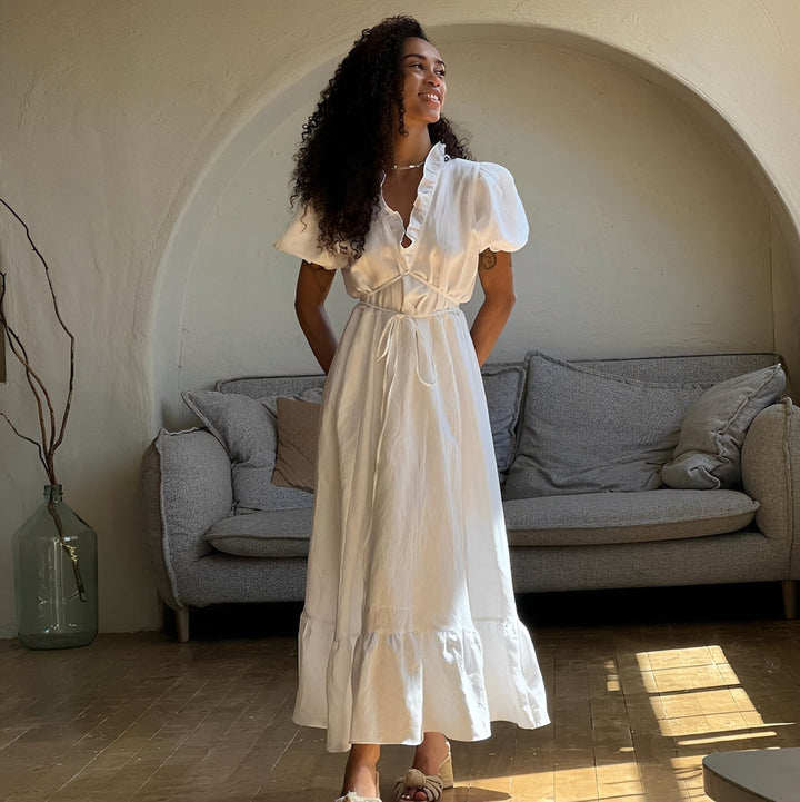 Women's Maxi Dress – Ruffle Collar & Puff Sleeves