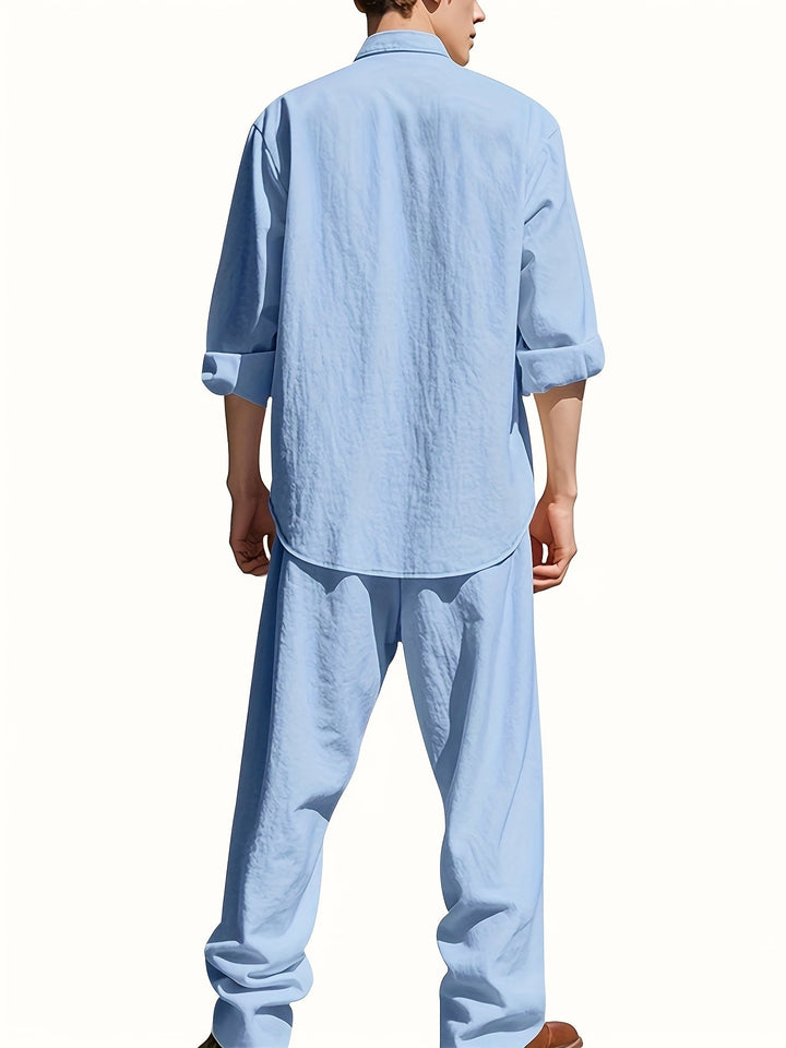 Men's Linen Set Long Sleeve Shirt & Trousers – Relaxed Breathable