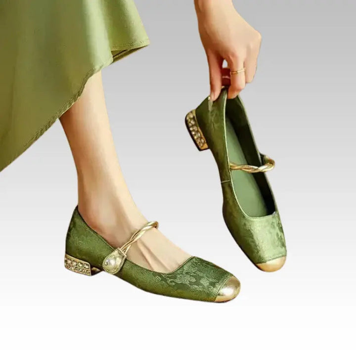 Mary Jane Pumps – Crystal Block Heel & Jacquard Upper