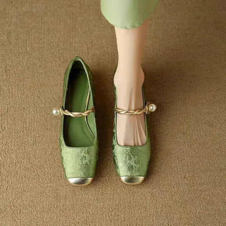 Mary Jane Pumps – Crystal Block Heel & Jacquard Upper