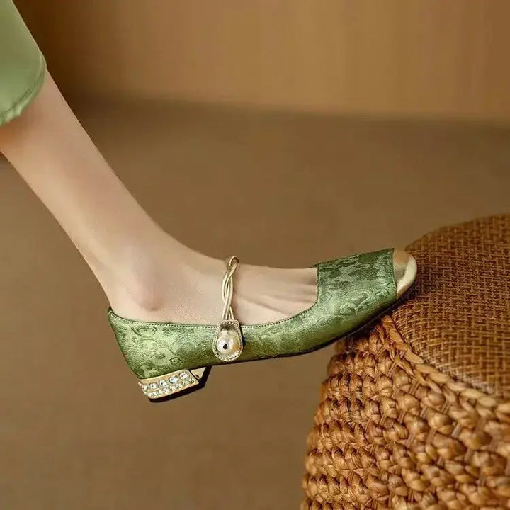 Mary Jane Pumps – Crystal Block Heel & Jacquard Upper