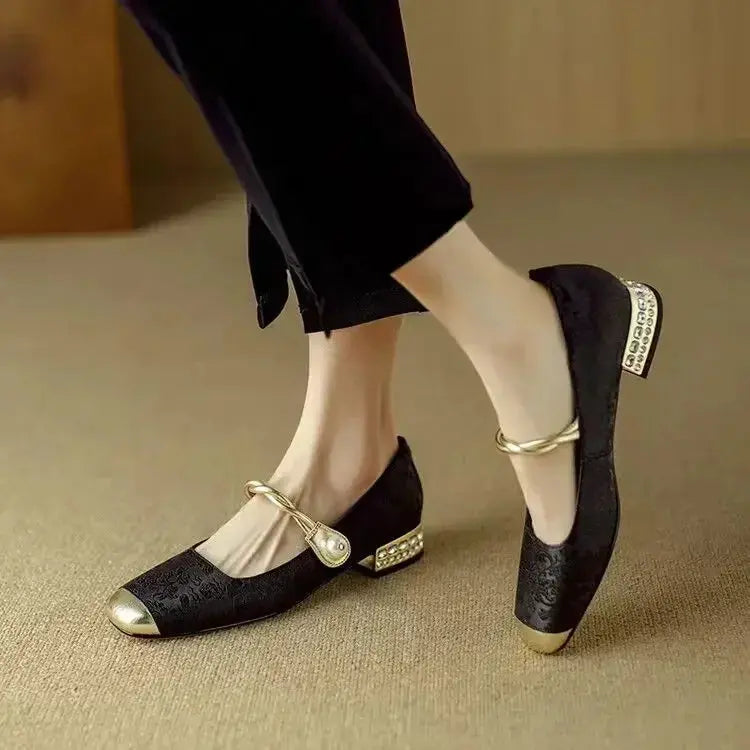 Mary Jane Pumps – Crystal Block Heel & Jacquard Upper