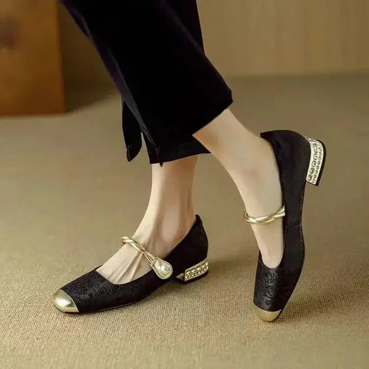 Mary Jane Pumps – Crystal Block Heel & Jacquard Upper