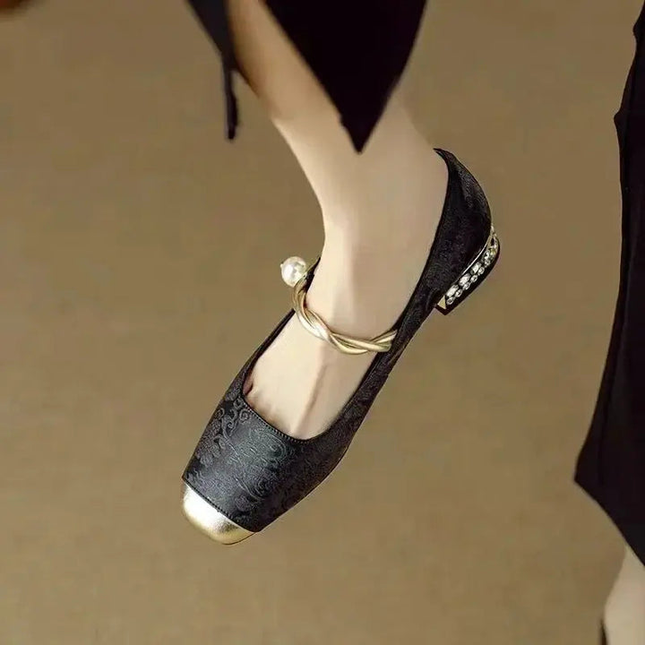 Mary Jane Pumps – Crystal Block Heel & Jacquard Upper