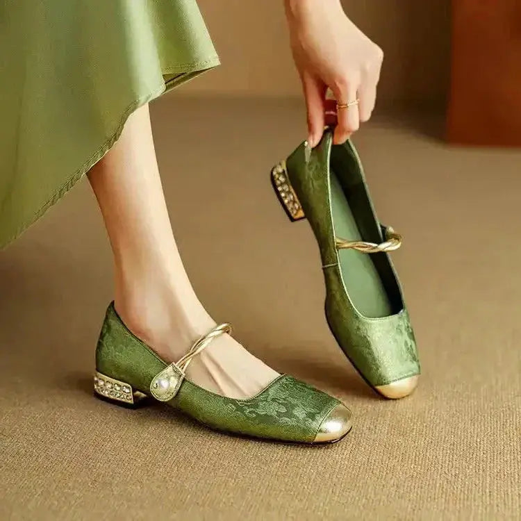 Mary Jane Pumps – Crystal Block Heel & Jacquard Upper