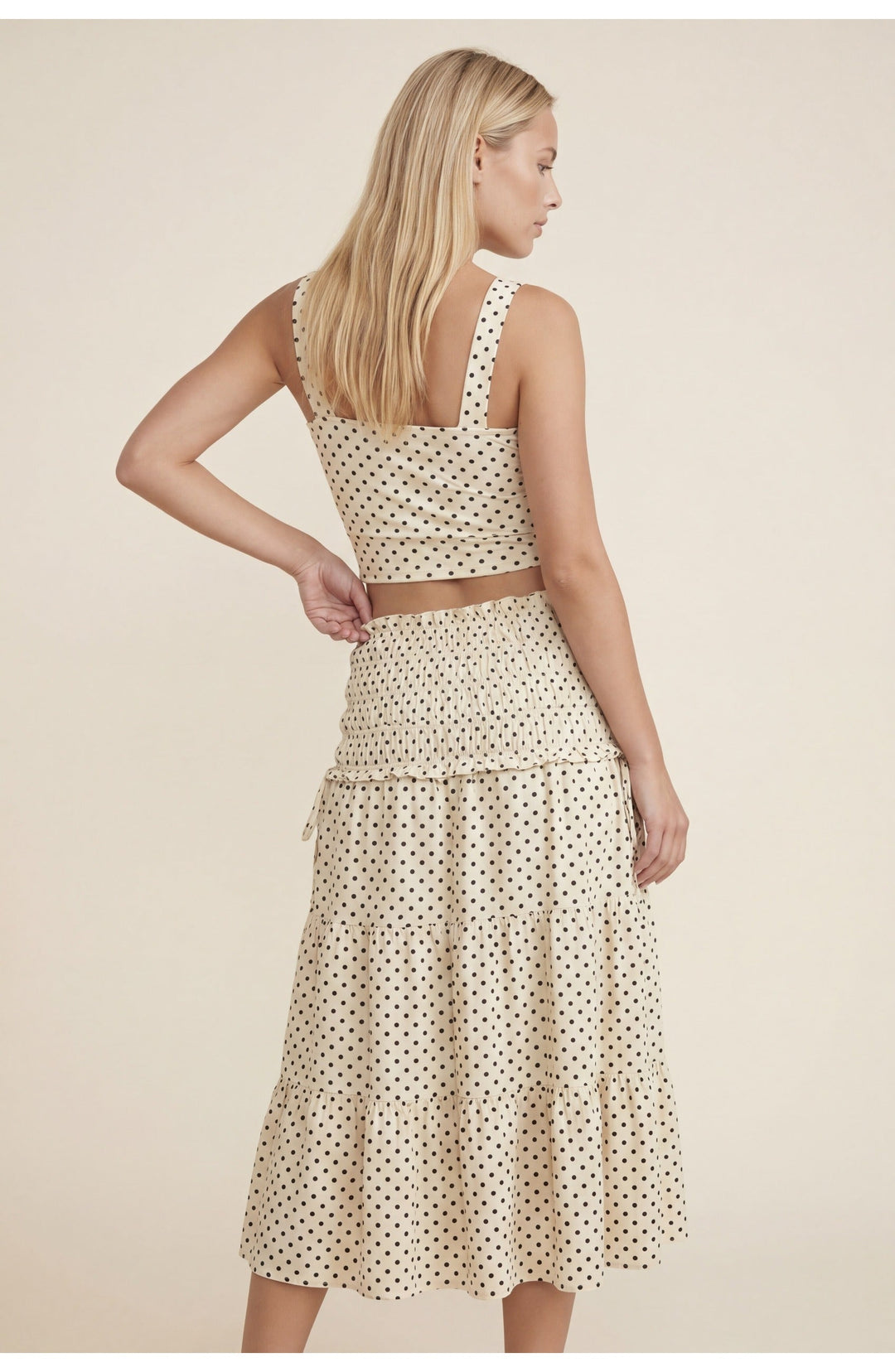 Two Piece Set Women Polka Dot Off Shoulder Crop Top – Tiered Midi Skirt
