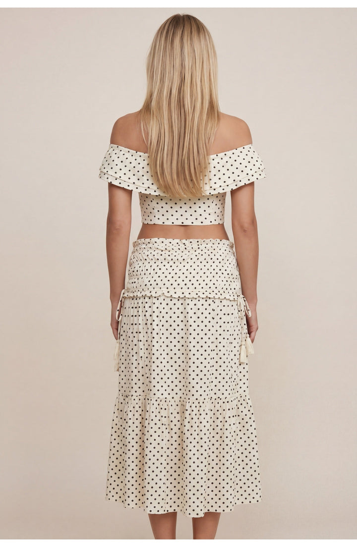 Two Piece Set Women Polka Dot Off Shoulder Crop Top – Tiered Midi Skirt