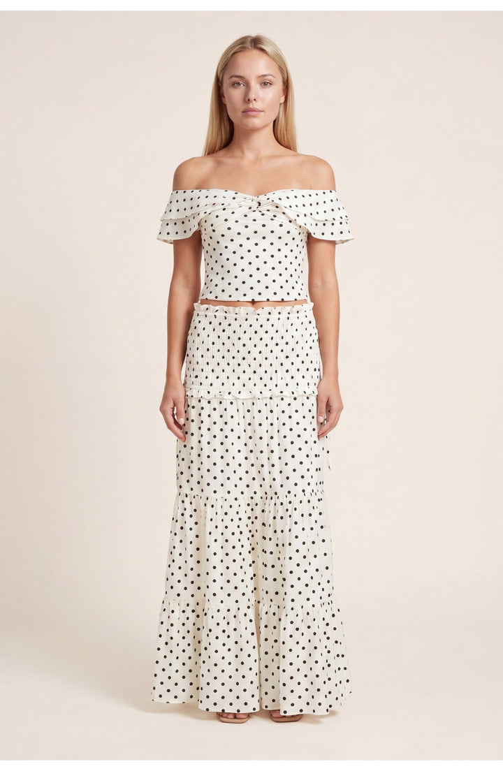 Two Piece Set Women Polka Dot Off Shoulder Crop Top – Tiered Midi Skirt