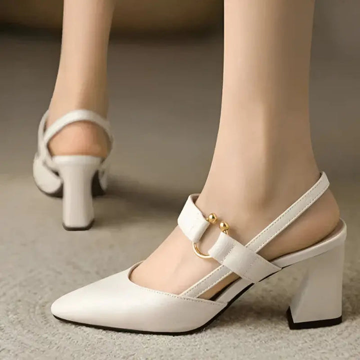 Slingback Block Heel Pumps – Pointed Toe & Ring Detail