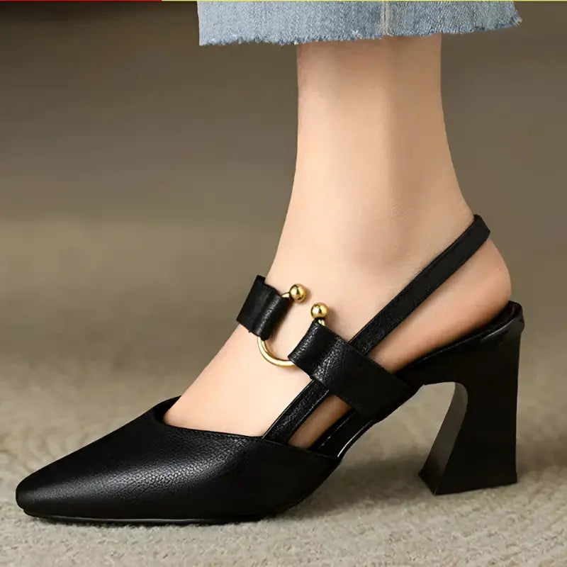 Slingback Block Heel Pumps – Pointed Toe & Ring Detail