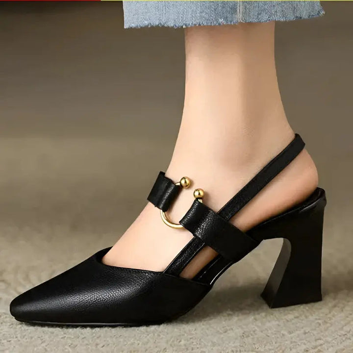 Slingback Block Heel Pumps – Pointed Toe & Ring Detail