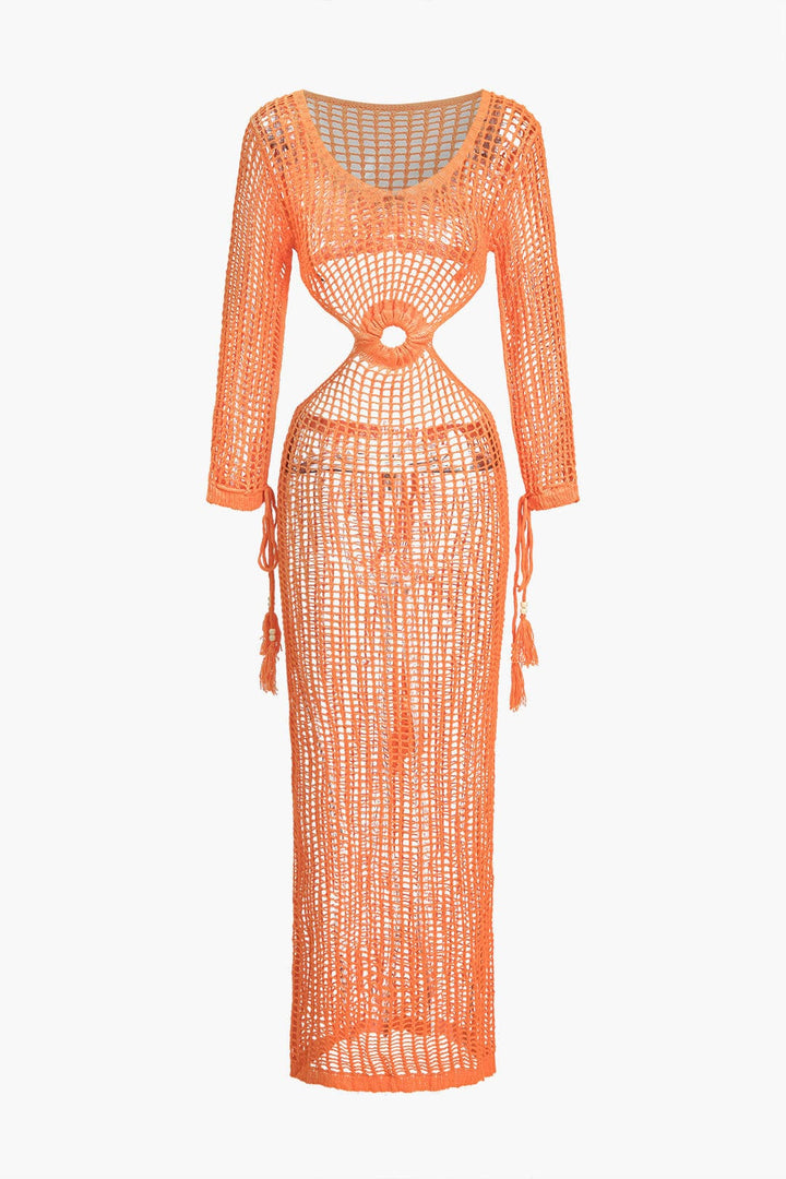 Crochet Beach Maxi Dress – Boho Cut-Out & Tassel Detail