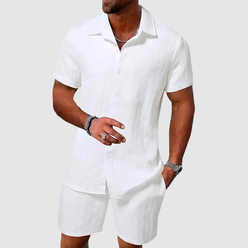 Men's Textured Short Sleeve Shirt Shorts Set – Lightweight Breathable