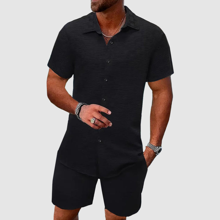 Men's Textured Short Sleeve Shirt Shorts Set – Lightweight Breathable