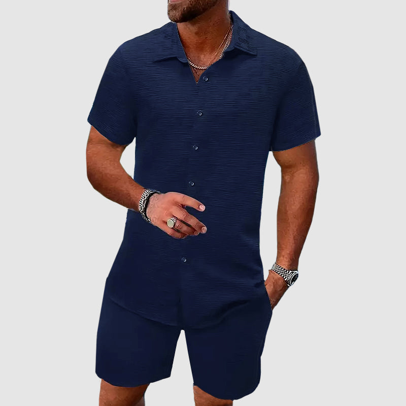 Men's Textured Short Sleeve Shirt Shorts Set – Lightweight Breathable