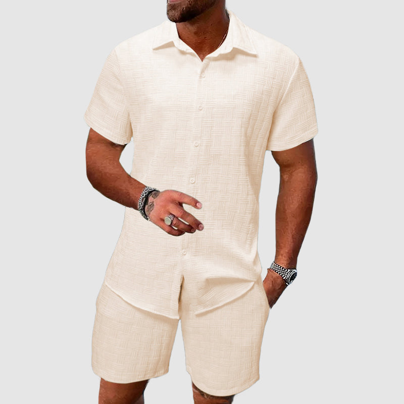 Men's Textured Short Sleeve Shirt Shorts Set – Lightweight Breathable