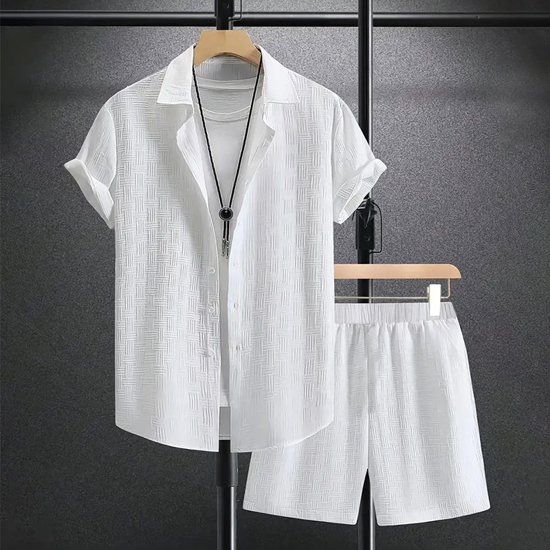 Men's Textured Short Sleeve Shirt Shorts Set – Lightweight Breathable
